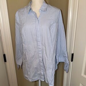 New Directions women's L blue white striped Tie 3/4 sleeve top  Easy Care